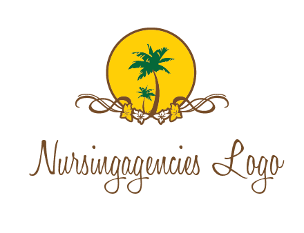 palm trees in circle with flowers and ribbons travel logo