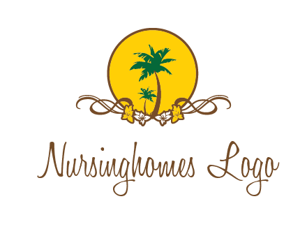 palm trees in circle with flowers and ribbons travel logo