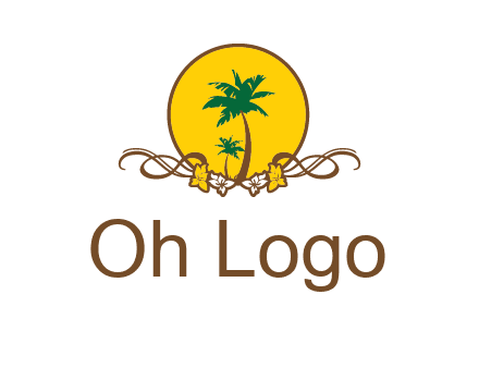 palm trees in circle with flowers and ribbons travel logo