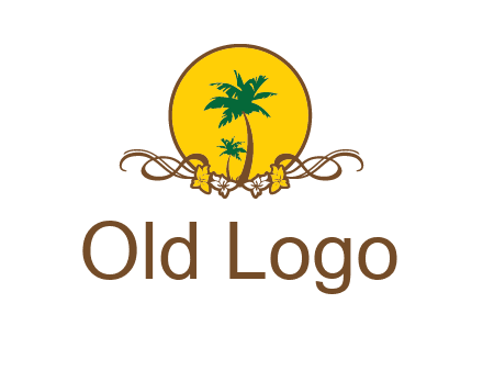 palm trees in circle with flowers and ribbons travel logo