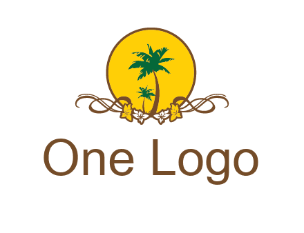 palm trees in circle with flowers and ribbons travel logo
