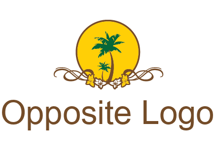 palm trees in circle with flowers and ribbons travel logo