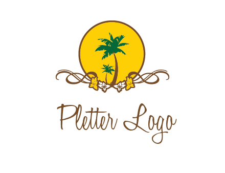 palm trees in circle with flowers and ribbons travel logo
