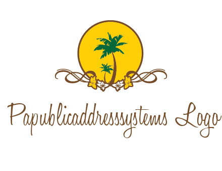 palm trees in circle with flowers and ribbons travel logo