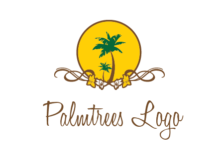 palm trees in circle with flowers and ribbons travel logo