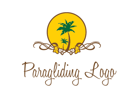 palm trees in circle with flowers and ribbons travel logo