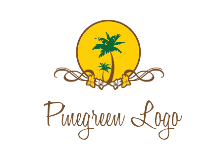 palm trees in circle with flowers and ribbons travel logo