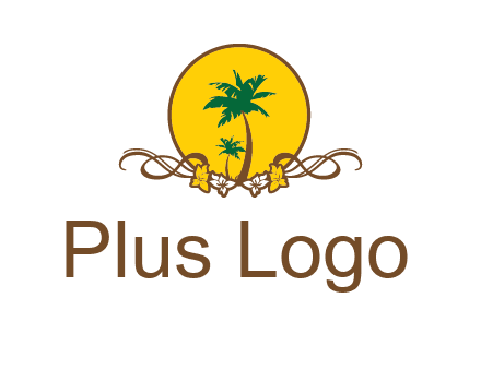 palm trees in circle with flowers and ribbons travel logo