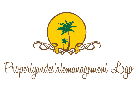 palm trees in circle with flowers and ribbons travel logo
