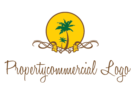 palm trees in circle with flowers and ribbons travel logo