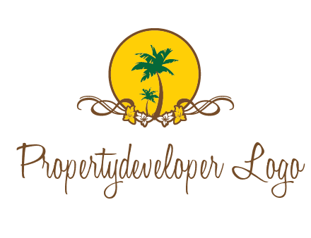 palm trees in circle with flowers and ribbons travel logo