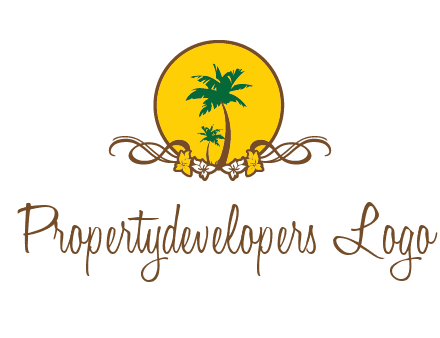 palm trees in circle with flowers and ribbons travel logo