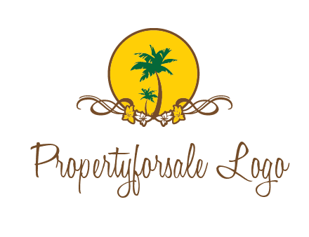 palm trees in circle with flowers and ribbons travel logo