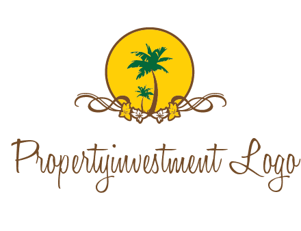 palm trees in circle with flowers and ribbons travel logo