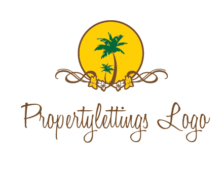 palm trees in circle with flowers and ribbons travel logo