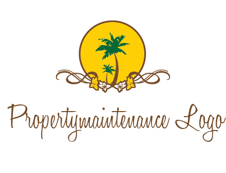 palm trees in circle with flowers and ribbons travel logo