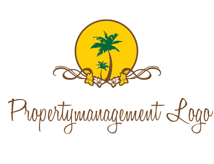 palm trees in circle with flowers and ribbons travel logo