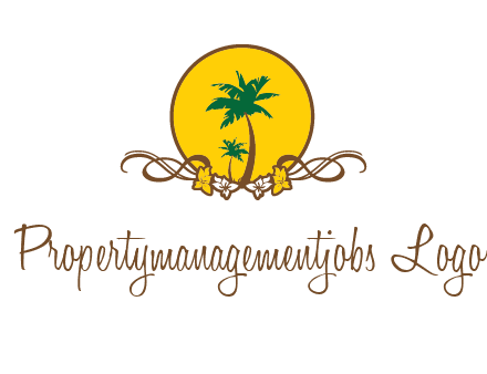 palm trees in circle with flowers and ribbons travel logo