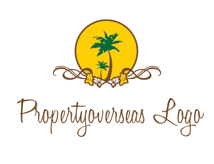 palm trees in circle with flowers and ribbons travel logo