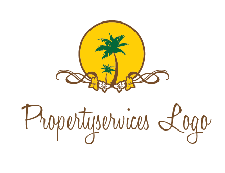 palm trees in circle with flowers and ribbons travel logo