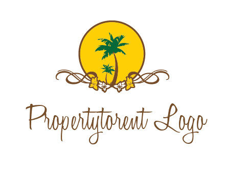 palm trees in circle with flowers and ribbons travel logo