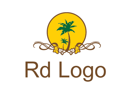 palm trees in circle with flowers and ribbons travel logo