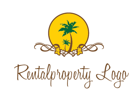 palm trees in circle with flowers and ribbons travel logo