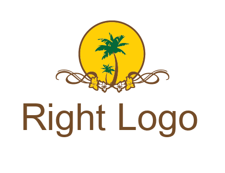 palm trees in circle with flowers and ribbons travel logo