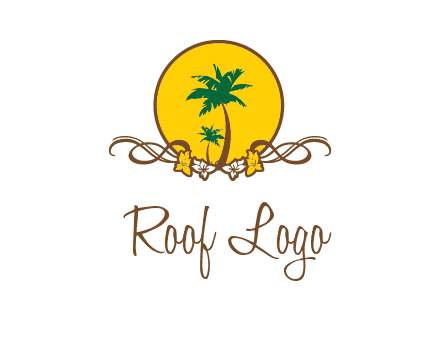 palm trees in circle with flowers and ribbons travel logo