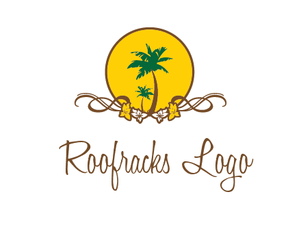 palm trees in circle with flowers and ribbons travel logo