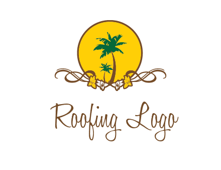 palm trees in circle with flowers and ribbons travel logo