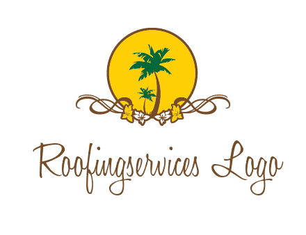 palm trees in circle with flowers and ribbons travel logo