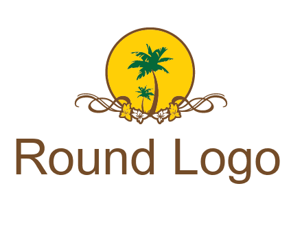 palm trees in circle with flowers and ribbons travel logo