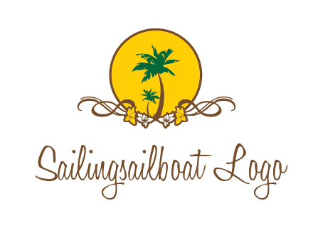 palm trees in circle with flowers and ribbons travel logo
