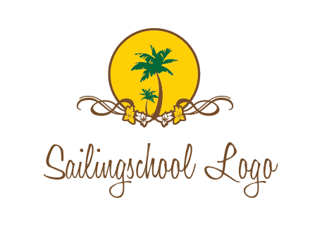 palm trees in circle with flowers and ribbons travel logo