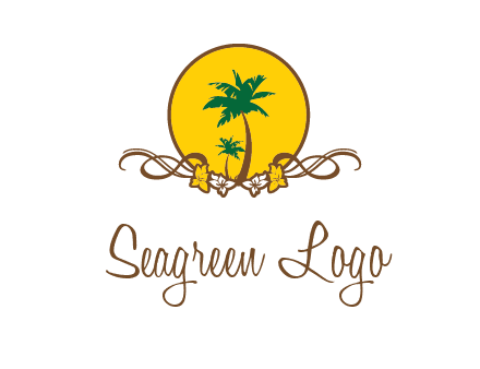 palm trees in circle with flowers and ribbons travel logo