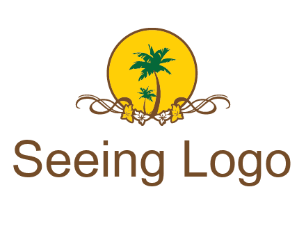 palm trees in circle with flowers and ribbons travel logo