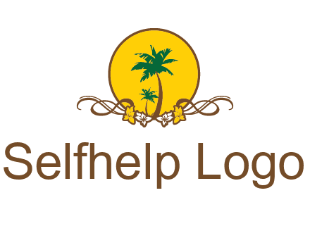 palm trees in circle with flowers and ribbons travel logo