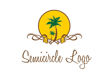 palm trees in circle with flowers and ribbons travel logo