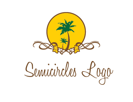 palm trees in circle with flowers and ribbons travel logo
