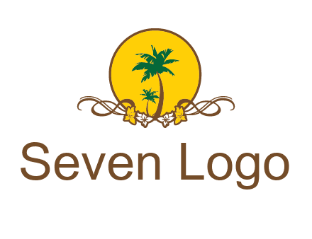 palm trees in circle with flowers and ribbons travel logo