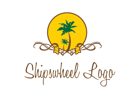 palm trees in circle with flowers and ribbons travel logo