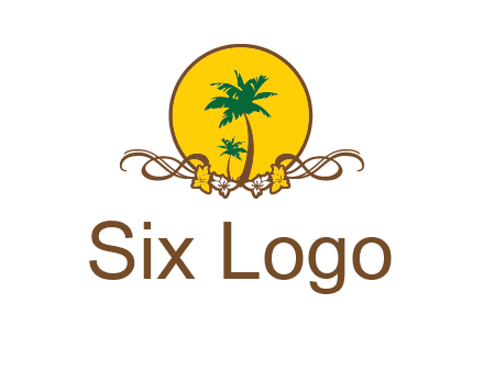 palm trees in circle with flowers and ribbons travel logo
