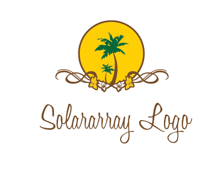 palm trees in circle with flowers and ribbons travel logo