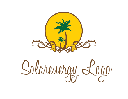 palm trees in circle with flowers and ribbons travel logo