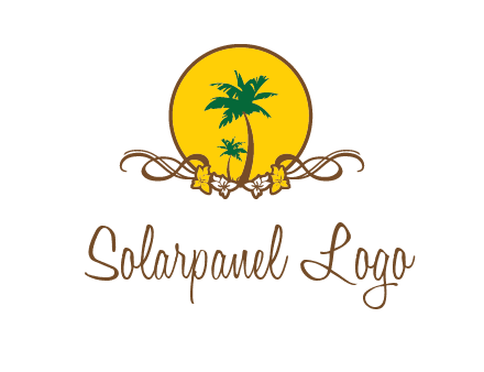 palm trees in circle with flowers and ribbons travel logo