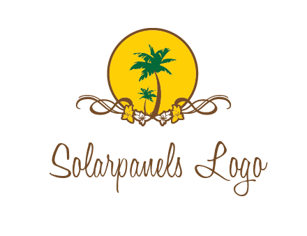 palm trees in circle with flowers and ribbons travel logo