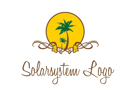 palm trees in circle with flowers and ribbons travel logo
