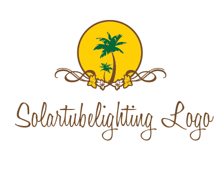palm trees in circle with flowers and ribbons travel logo