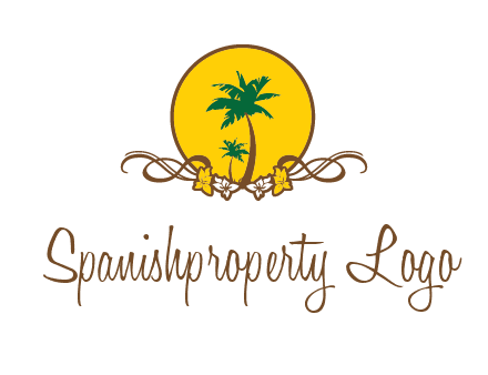 palm trees in circle with flowers and ribbons travel logo